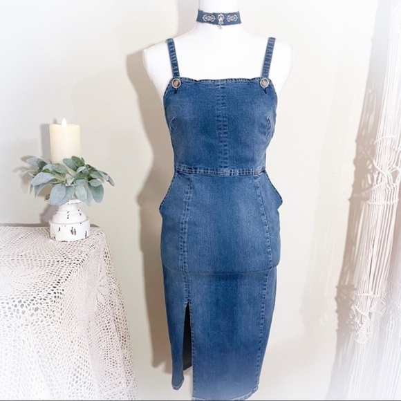 Guess Dark Denim Midi Dress with Straps and Side Slit - Picture 1 of 13